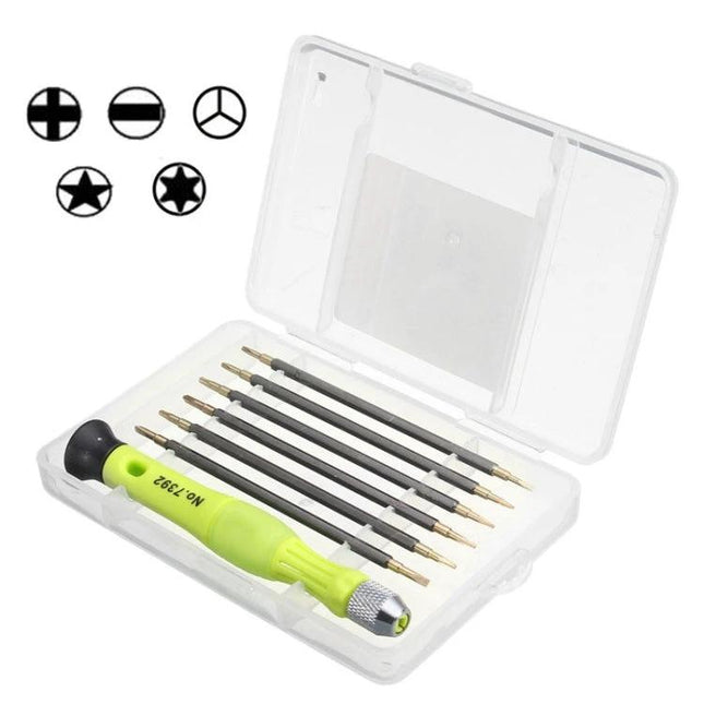 Versatile 7 in 1 Screwdriver Kit for Phone and Computer Repairs - compact precision set with chrome vanadium bits and plastic handle in clear storage case
