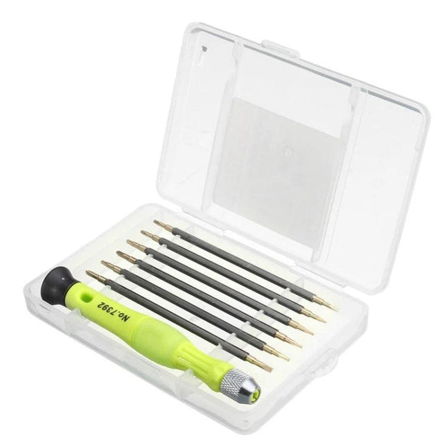 Versatile 7 in 1 Screwdriver Kit for Phone and Computer Repairs – compact set with green handle, seven chrome vanadium bits in clear plastic case