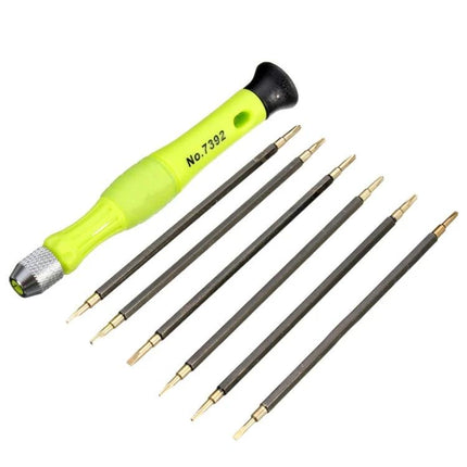 Versatile 7 in 1 Screwdriver Kit for Phone and Computer Repairs – compact neon-handled screwdriver with six interchangeable chrome vanadium bits