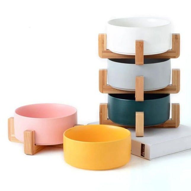 Essential Ceramic Pet Bowl for Daily Home Feeding - durable ceramic and bamboo raised pet bowl for tidy meals (cats & small dogs)