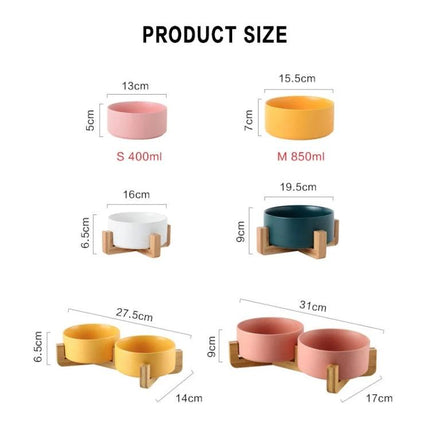 Essential Ceramic Pet Bowl for Daily Home Feeding - ceramic bowls in various sizes and bamboo stands showing dimensions for cats and small dogs