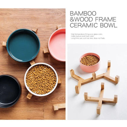 Essential Ceramic Pet Bowl for Daily Home Feeding - bamboo and ceramic pet bowls on wood frame for cats and small dogs, tidy everyday feeding