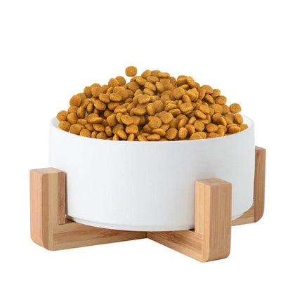 Essential Ceramic Pet Bowl for Daily Home Feeding white ceramic bowl on bamboo stand filled with dry kibble for cats or small dogs