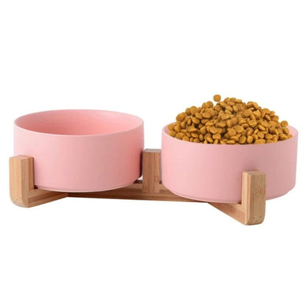 Essential Ceramic Pet Bowl for Daily Home Feeding - pink ceramic and bamboo double bowl set for cats and small dogs, non-slip elevated feeder