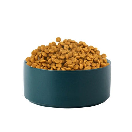 Essential Ceramic Pet Bowl for Daily Home Feeding - teal ceramic bowl with dry kibble, durable bamboo base for cats and small dogs