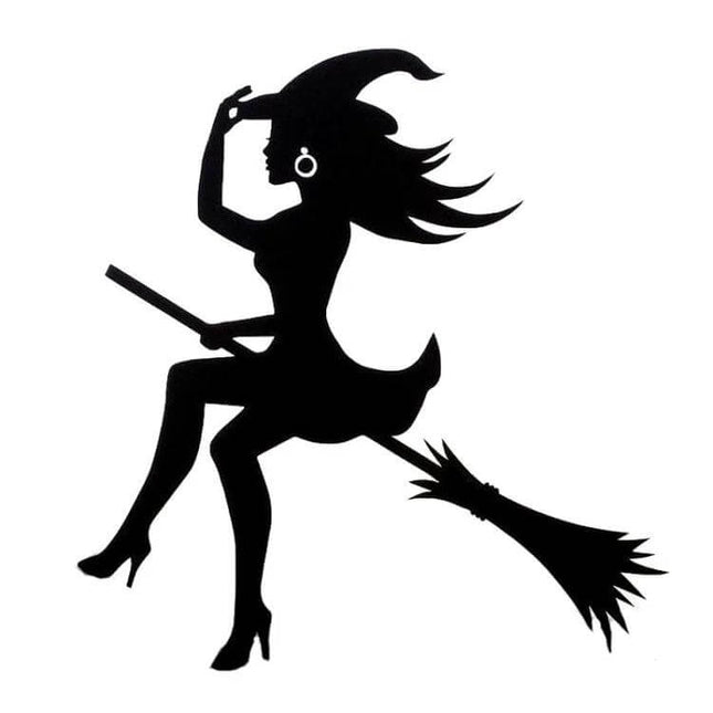 Cartoon Sexy Witch Vinyl Car Sticker for Decoration, 15x14cm - black silhouette witch on broom decal for cars, laptops, helmets