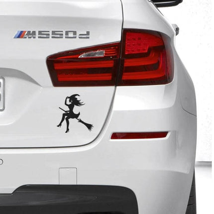 Cartoon Sexy Witch Vinyl Car Sticker for Decoration, 15x14cm black silhouette on white car bumper showing playful witch on broom