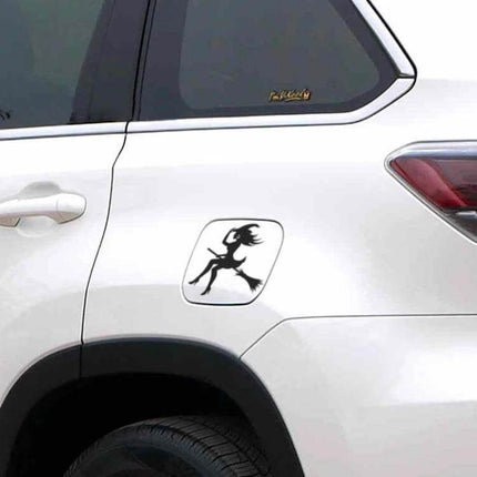 Cartoon Sexy Witch Vinyl Car Sticker for Decoration, 15x14cm applied to white SUV gas cap — black silhouette playful witch decal, weatherproof vinyl