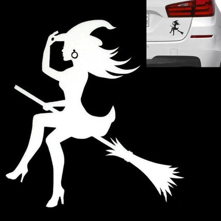 Cartoon Sexy Witch Vinyl Car Sticker for Decoration, 15x14cm - white silhouette of a sexy witch on a broom for car bumper or window