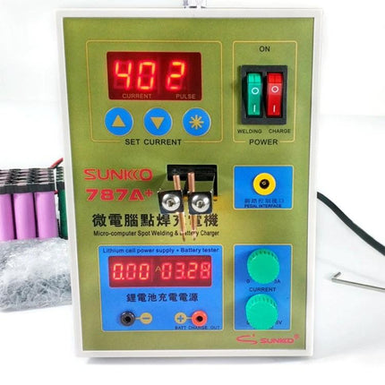 SUKKO LED Pulse Spot Welder for Battery and Metal Repairs front panel showing digital display controls and welding probes