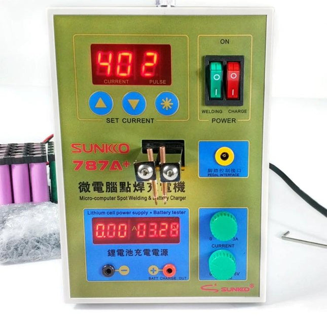 SUKKO LED Pulse Spot Welder for Battery and Metal Repairs front panel showing digital display controls and welding probes