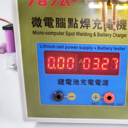 SUKKO LED Pulse Spot Welder for Battery and Metal Repairs front panel display showing voltage and connectors
