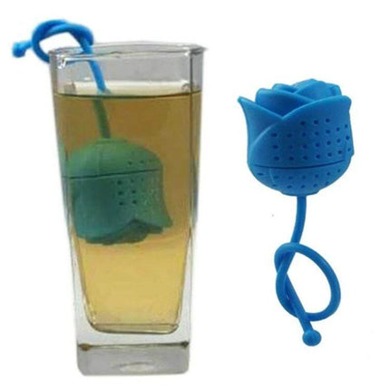 Rose Silicone Tea Infuser Rose Shape For Loose Leaf Tea - blue food-grade silicone rose infuser steeping in glass cup