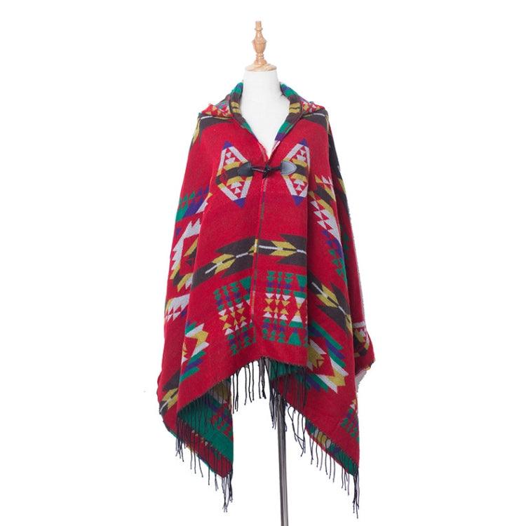 Bohemian Ethnic Hooded Cloak Shawl for Autumn and Winter with Horn Buckle