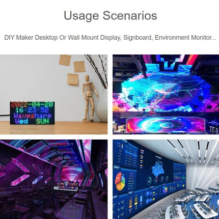 Waveshare RGB LED Matrix Panel for Vibrant Color Displays showing 64x32 pixel demo in desktop and wall-mounted usage scenarios