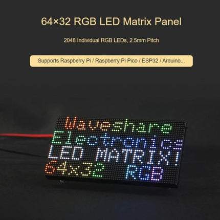 Waveshare RGB LED Matrix Panel for Vibrant Color Displays 64x32 pixel board showing multicolor text and graphics, ideal for Raspberry Pi projects