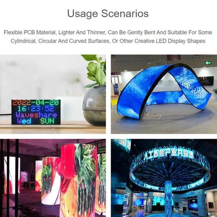 Waveshare Bendable Full-Color RGB LED Panel for Custom Displays showing flexible curved installations and desktop animations