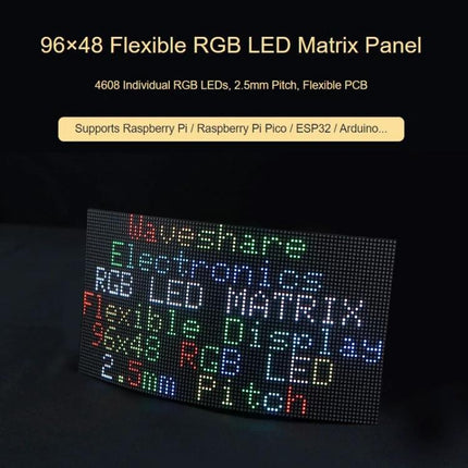 Waveshare Bendable Full-Color RGB LED Panel for Custom Displays showing a 96x48 flexible RGB LED matrix with multicolor text on a curved surface