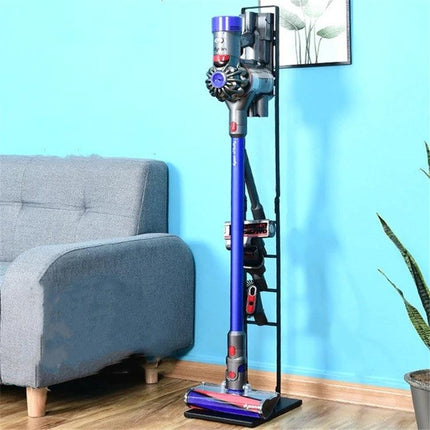 Dyson Vacuum Cleaner Wall-Mounted Storage Bracket Solution mounted in living room holding vacuum and accessories to save floor space