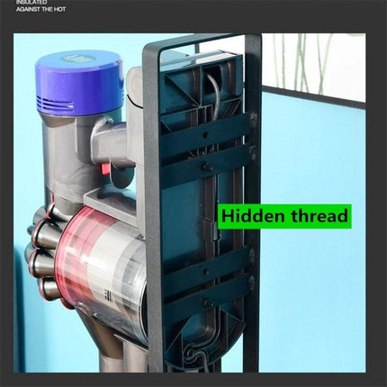 Dyson Vacuum Cleaner Wall-Mounted Storage Bracket Solution showing mounted Dyson vacuum with hidden thread and sliding snap mechanism