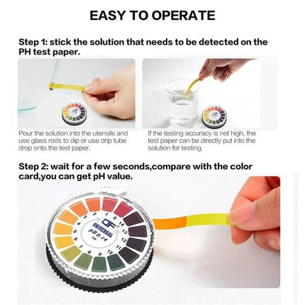 pH Test Paper Roll for Checking Acidity in Daily Liquids - hand dipping strip and color chart showing pH match for home water and aquarium testing