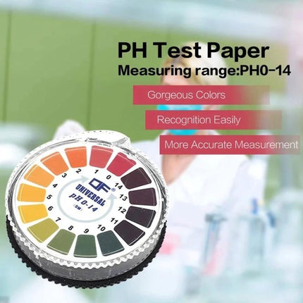 pH Test Paper Roll for Checking Acidity in Daily Liquids - color chart dispenser showing pH 0–14 test strips for home water, aquarium and experiments