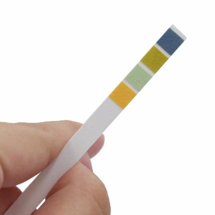 pH Test Strips for Measuring Water Acidity, 100 Pack held between fingers showing 0–14 color scale for drinking water, aquarium, hydroponics testing