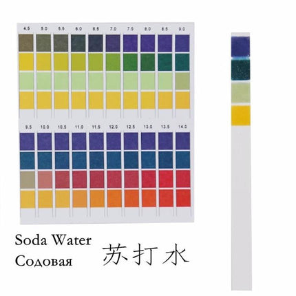 pH Test Strips for Measuring Water Acidity, 100 Pack - color chart and used strip showing pH range 0-14 for drinking water, aquarium, hydroponics