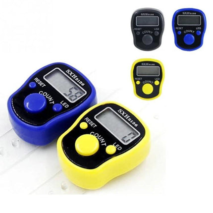 RV77 Portable Digital Finger Counter for Everyday Use - blue and yellow ergonomic finger-worn tally with luminous display for reps, inventory, habit tracking