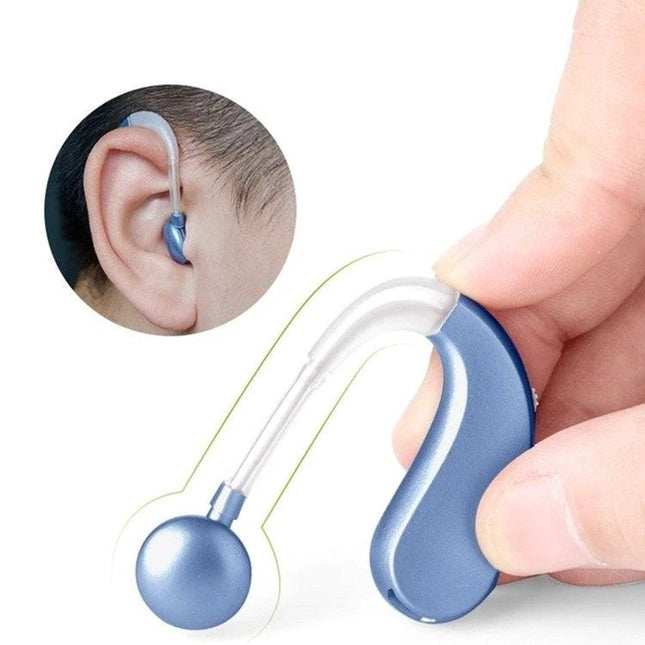 Wireless Rechargeable Hearing Aid for Seniors with Discreet Design shown behind the ear, compact blue rechargeable BTE device