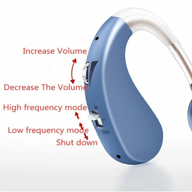 Wireless Rechargeable Hearing Aid for Seniors with Discreet Design showing blue behind-the-ear unit with volume and mode controls