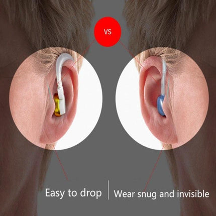 Wireless Rechargeable Hearing Aid for Seniors with Discreet Design showing discreet behind-the-ear fit vs bulkier model