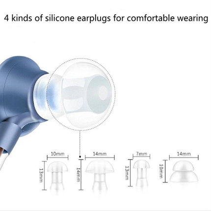 Wireless Rechargeable Hearing Aid for Seniors with Discreet Design showing four silicone earplug sizes and measurements for comfortable wearing