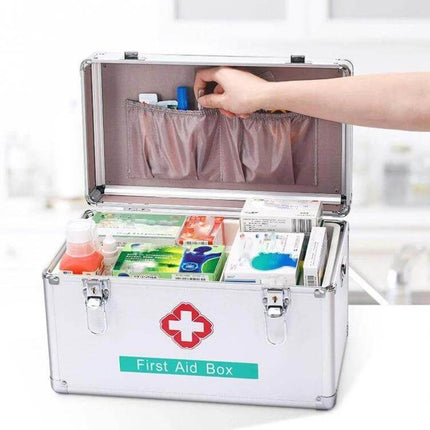 Emergency Aluminum Medicine Cabinet Small, Medium, Large, Extra Large - compact aluminum first aid box with three-layer trays and organized medicine storage