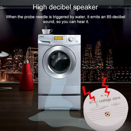 Household Water Leak and Overflow Detection Alarm positioned near washing machine to detect leaks and trigger loud alarm