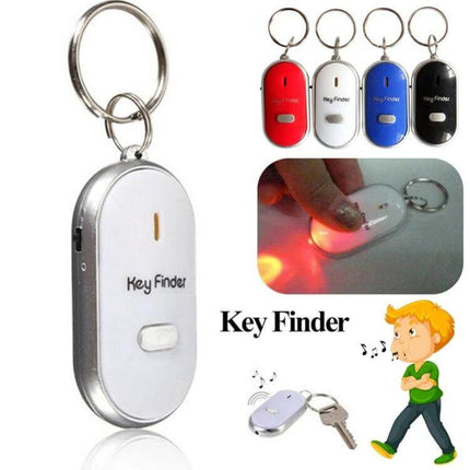 SHZONS Mini Remote Key Finder with Whistle Activation compact white key fob on keyring showing LED flash and button
