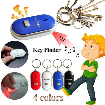 SHZONS Mini Remote Key Finder with Whistle Activation attached to a keyring showing blue unit and other color options