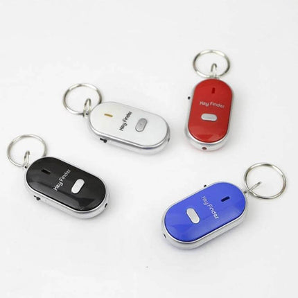 SHZONS Mini Remote Key Finder with Whistle Activation keychain devices in red, blue, black and silver for finding lost keys quickly