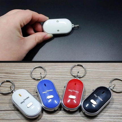 SHZONS Mini Remote Key Finder with Whistle Activation shown in white, blue, red and black keychain models with handheld close-up