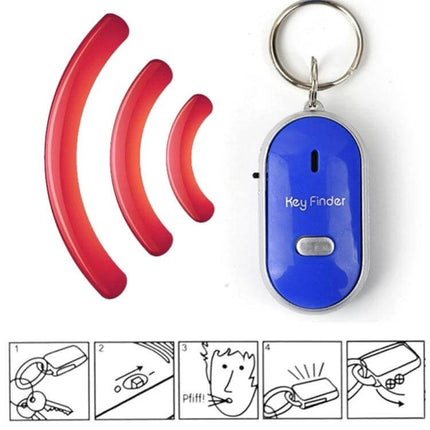 SHZONS Mini Remote Key Finder with Whistle Activation blue keychain showing signal waves and usage icons