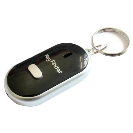 SHZONS Mini Remote Key Finder with Whistle Activation compact black keychain fob showing button and key ring