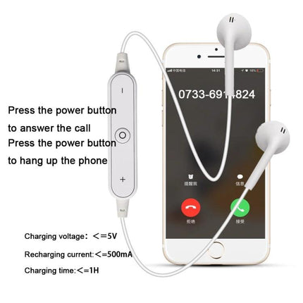 Sport Neckband Earphones With Mic For Running And Commuting showing white neckband earbuds with inline controls beside smartphone