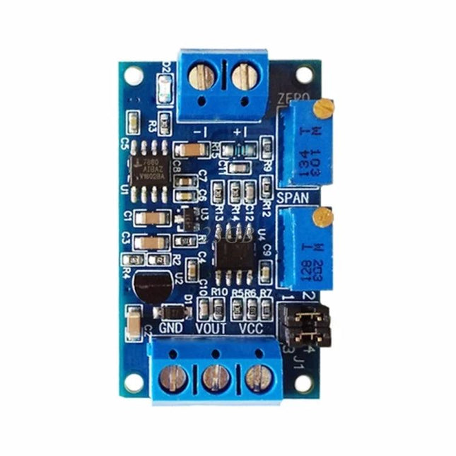 Current to Voltage Signal Conversion Module for Electronics, blue PCB module with terminal blocks, potentiometers labeled ZERO and SPAN