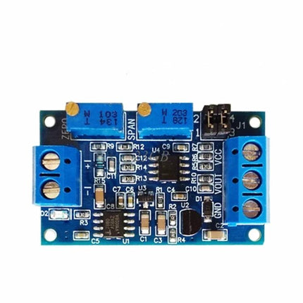 Current to Voltage Signal Conversion Module for Electronics - blue PCB board with terminals, trimmers, and components for sensor signal conversion