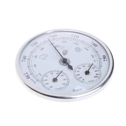 Wall Hanging Three-In-One Weather Station Thermometer, Hygrometer, Barometer stainless steel wall-mounted instrument showing barometer, thermometer, and hygrometer dials