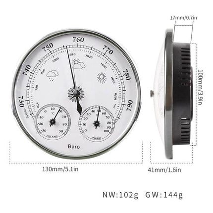 Wall Hanging Three-In-One Weather Station Thermometer, Hygrometer, Barometer white dial with barometer, thermometer and hygrometer, 130mm wall-mounted gauge