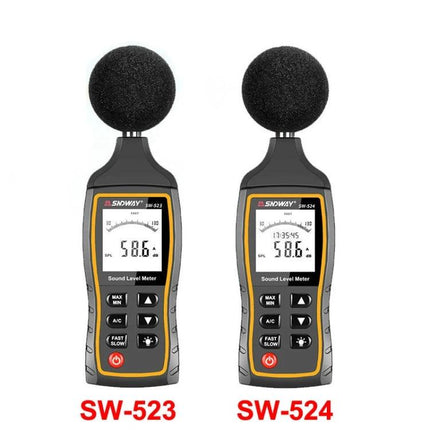 SNDWAY Handheld Noise Decibel Meter for Sound Level Monitoring - dual models SW-523 and SW-524 showing screen and windscreen