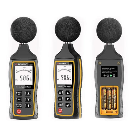 SNDWAY Handheld Noise Decibel Meter for Sound Level Monitoring showing front, side, and back views with foam windscreen and battery compartment