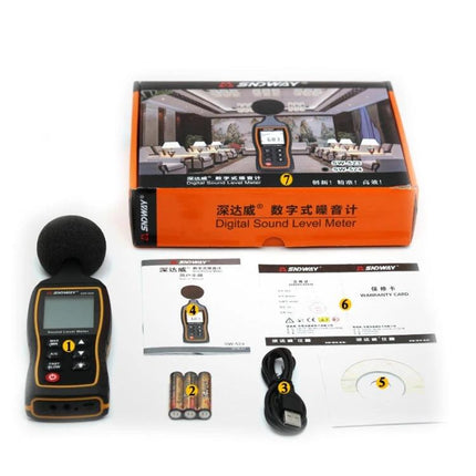 SNDWAY Handheld Noise Decibel Meter for Sound Level Monitoring with accessories and packaging laid out
