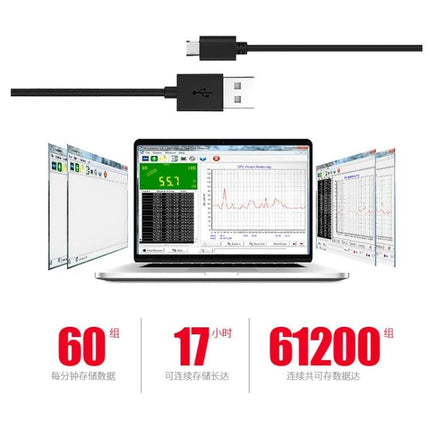 SNDWAY Handheld Noise Decibel Meter for Sound Level Monitoring connected to laptop showing data logging and USB cable